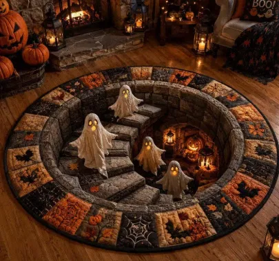 3D vortex halloween rug with ghosts descending a stone stairway to a pumpkin scene