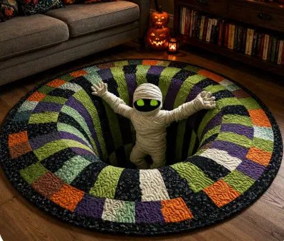 3D vortex halloween rug with ghosts jumping out of the pit