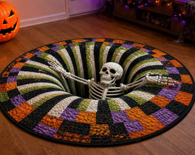 3D vortex halloween rug with skeleton rising from the pit