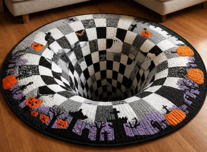 Classic checkered 3D vortex halloween rug with ghosts and pumpkins